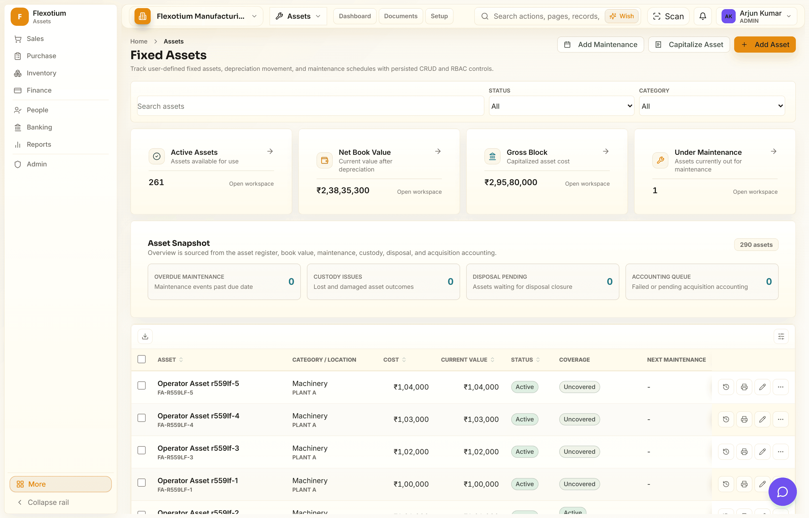 FlexotiumERP fixed assets lifecycle dashboard