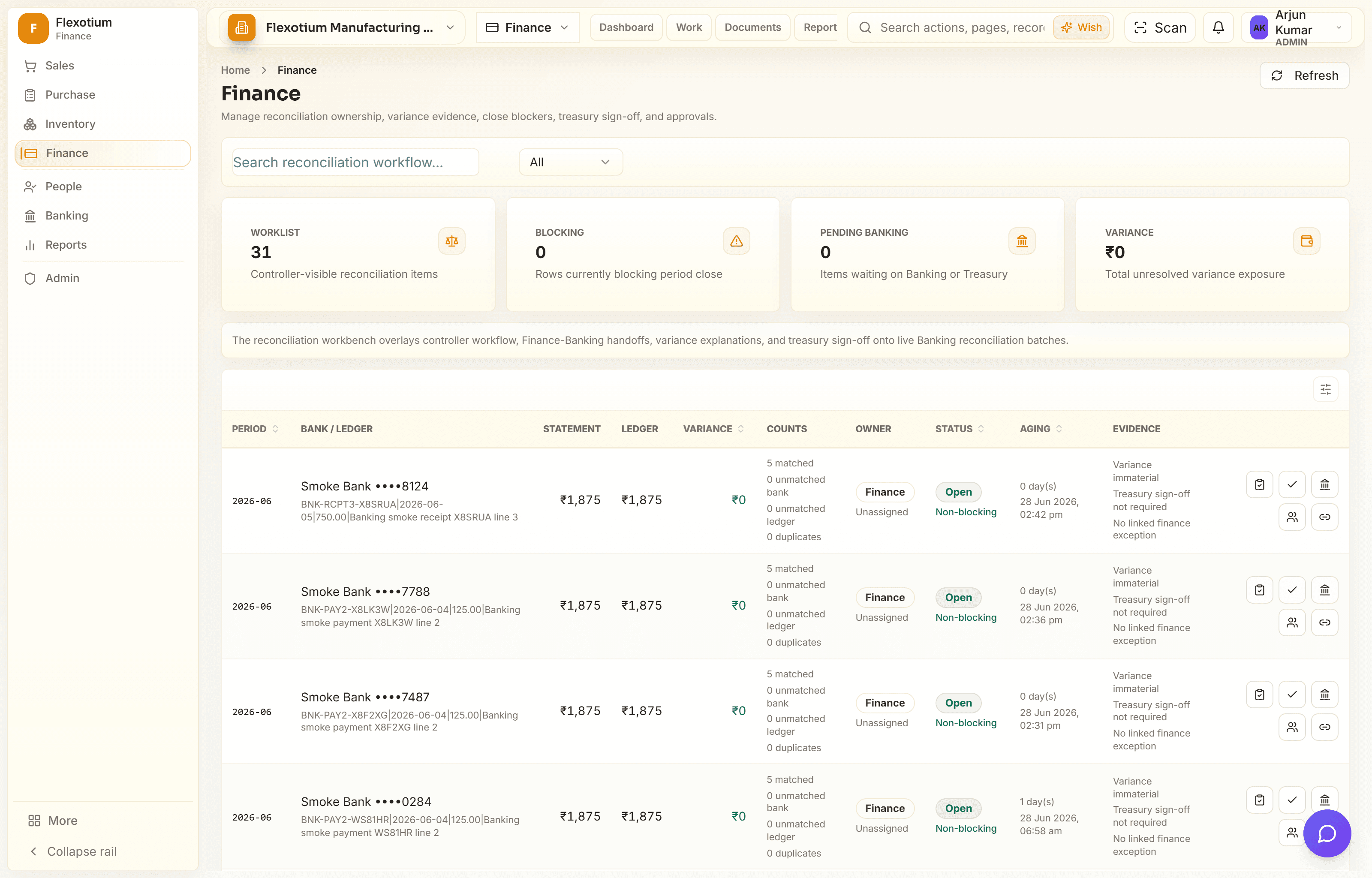 FlexotiumERP finance reconciliation workspace