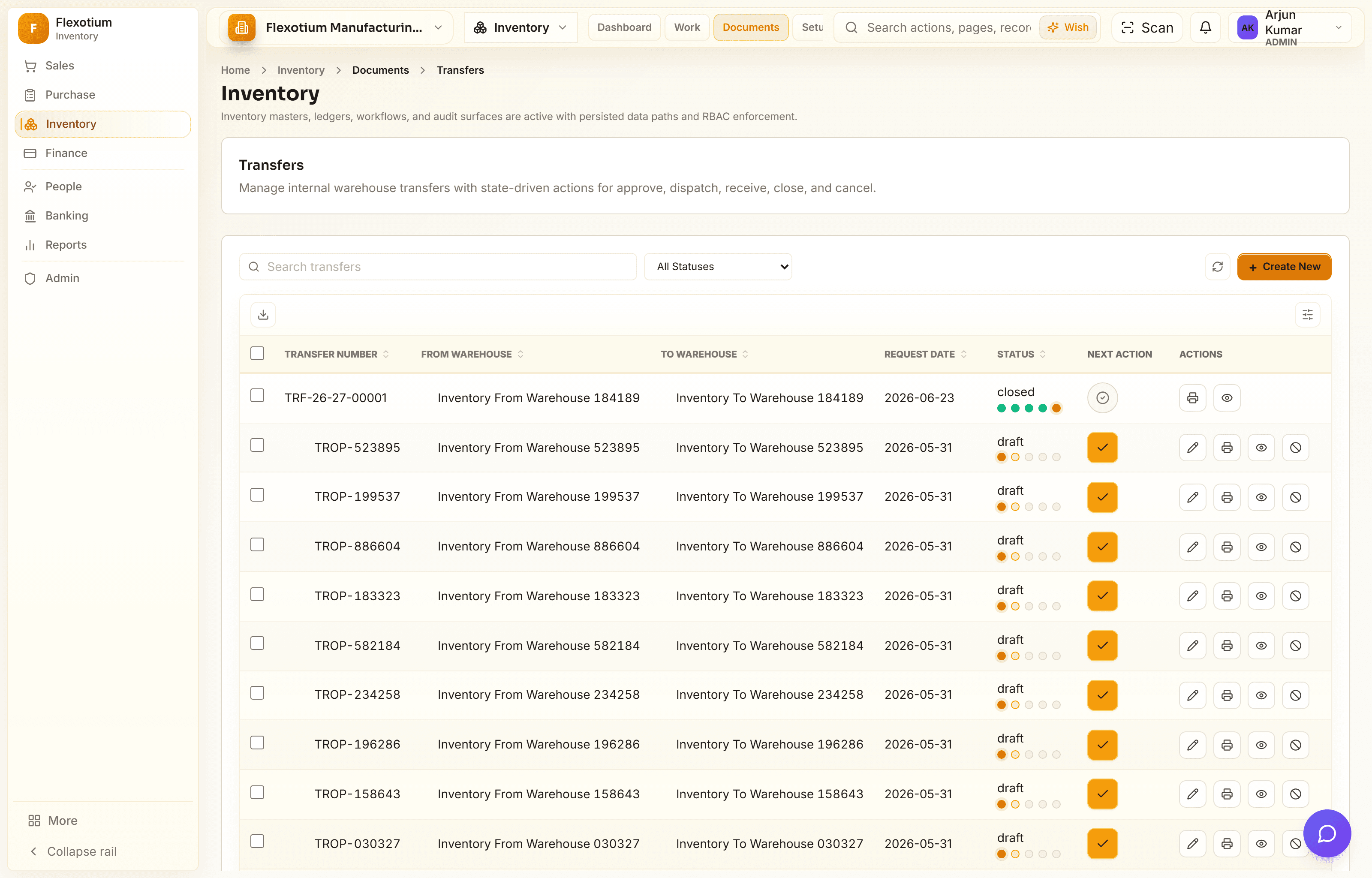 FlexotiumERP inventory transfer board