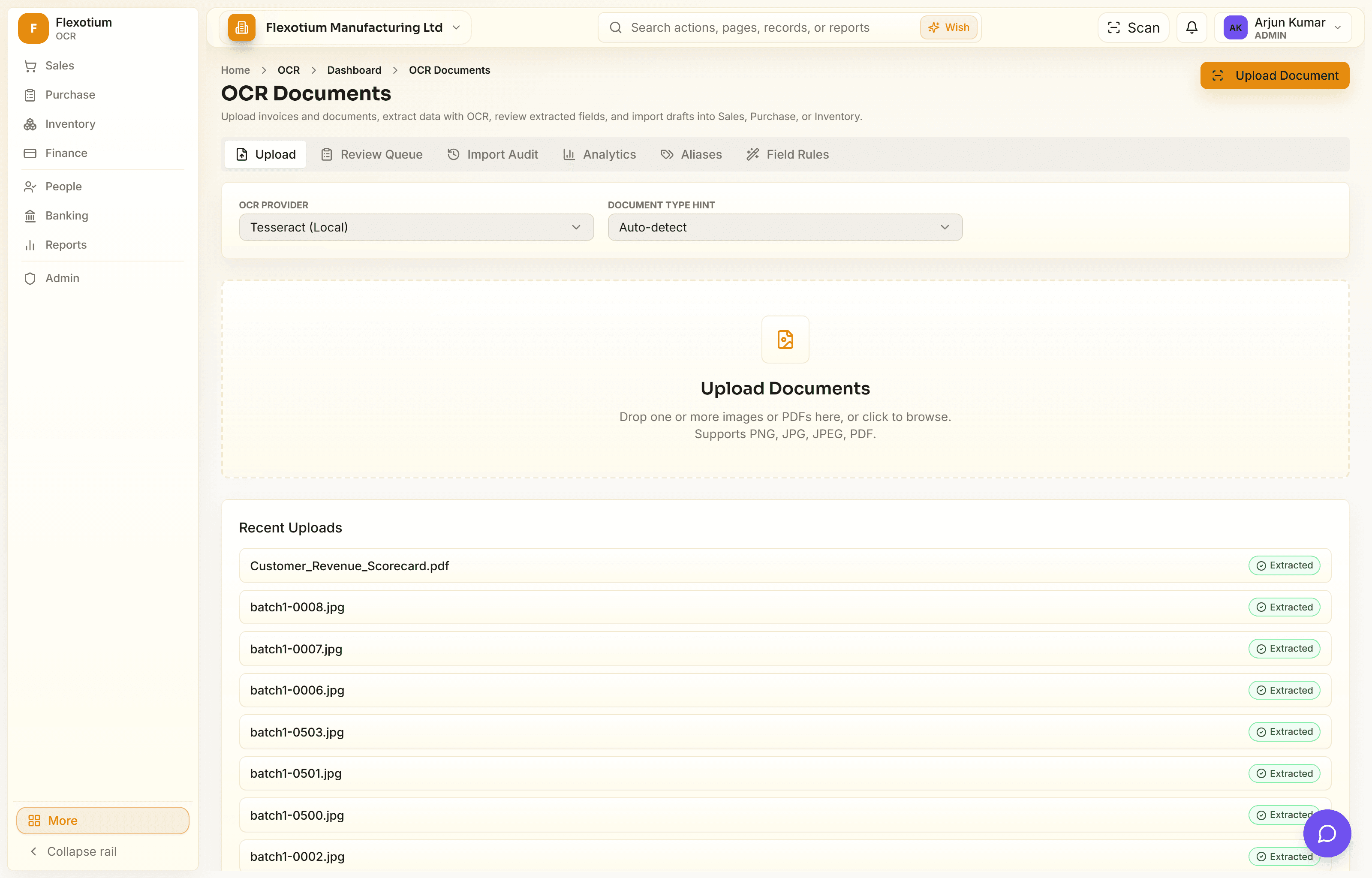 FlexotiumERP ocr documents review dashboard