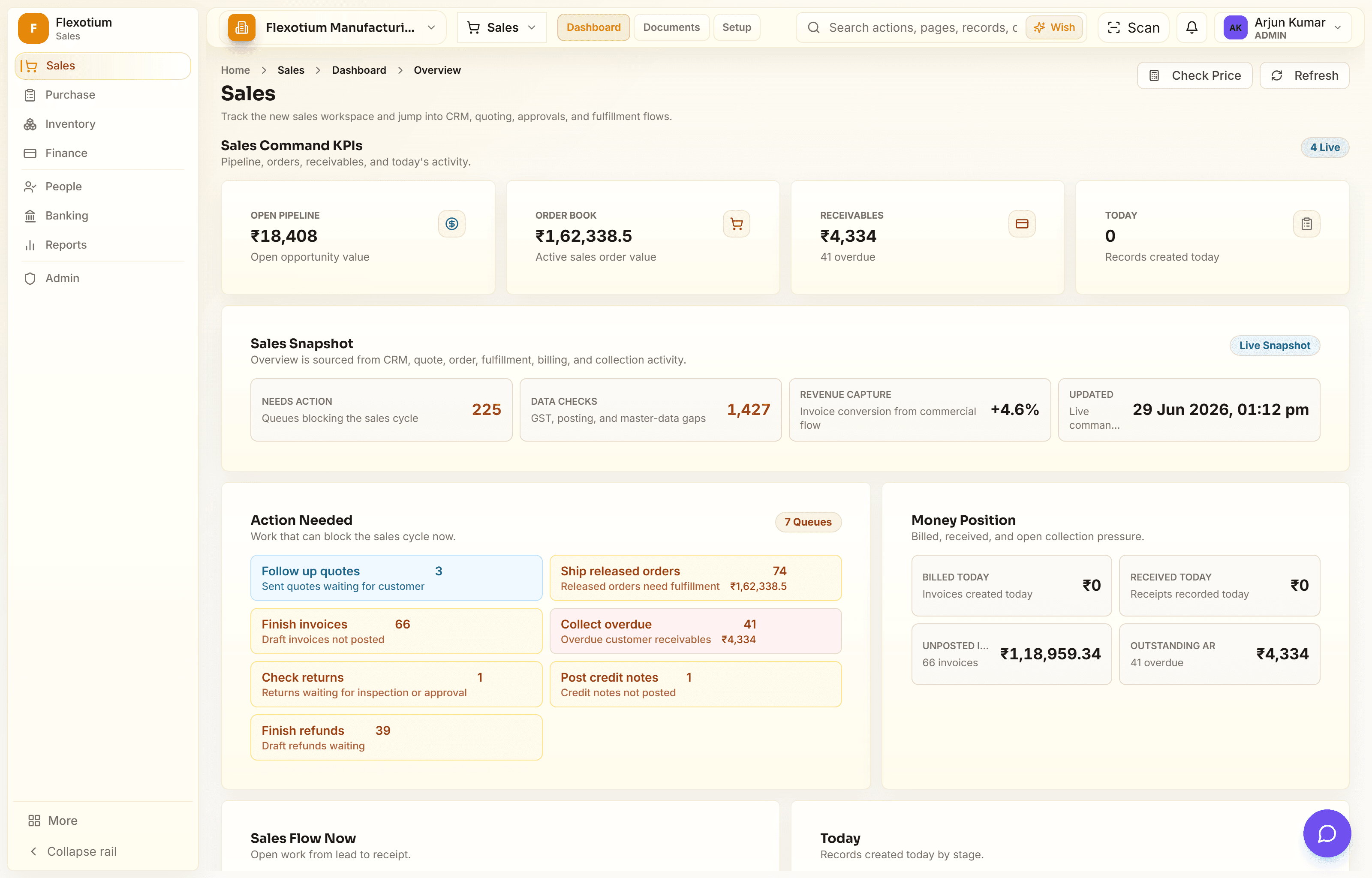 FlexotiumERP revenue command-center board