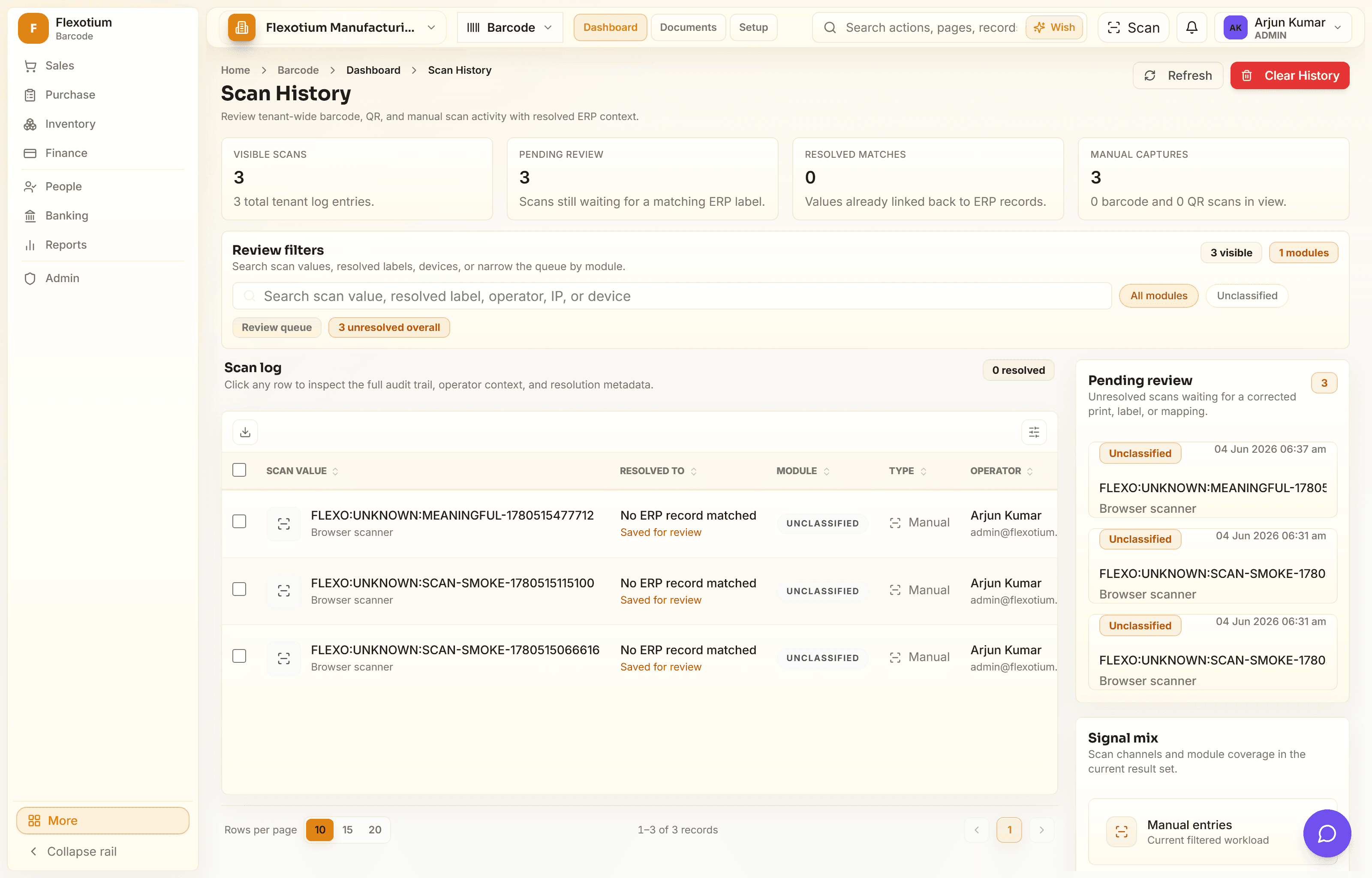 FlexotiumERP scan history operations dashboard