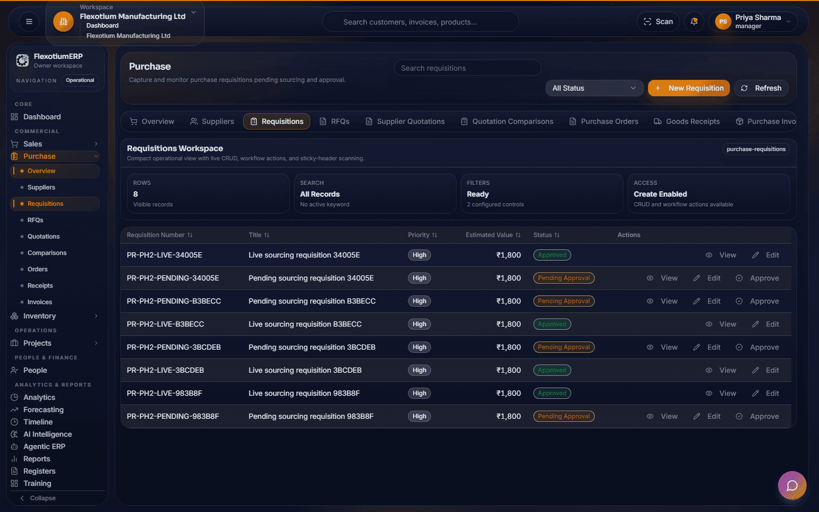 FlexotiumERP purchase requisitions
